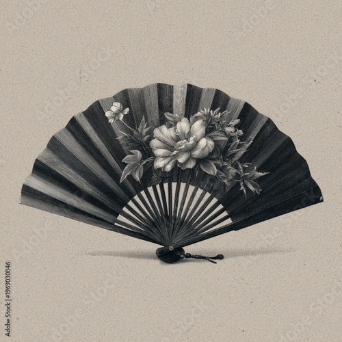 Vintage Black Hand Fan With Floral Design On Beige Background For Summer Concepts