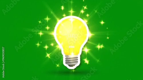 A bright yellow lightbulb shines with sparkling stars on green background