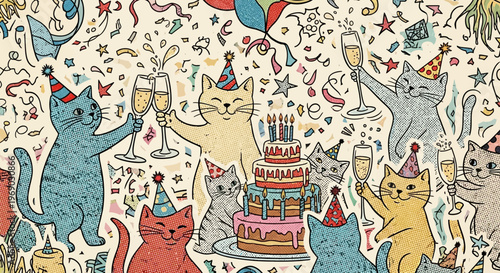 Cats Birthday Party Celebration with Cake and Champagne