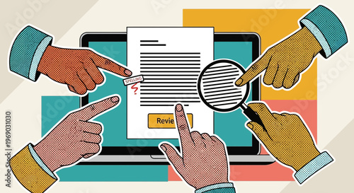 Multiple Hands Pointing at Document on Laptop Screen, Review and Analysis Concept