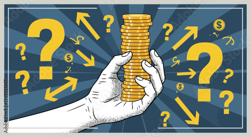 Hand holding stack of gold coins with question marks and arrows, symbolizing financial decisions and uncertainty.