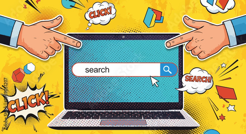 Hands pointing at laptop search bar, online search concept, click and search icons