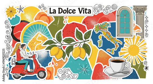 La Dolce Vita: Italian lifestyle collage with couple on scooter, lemons, coffee, and map of Italy