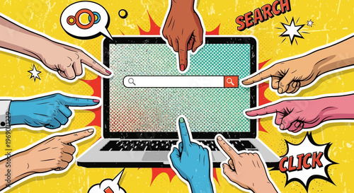 Many hands pointing at a laptop search bar, concept of online search and information overload