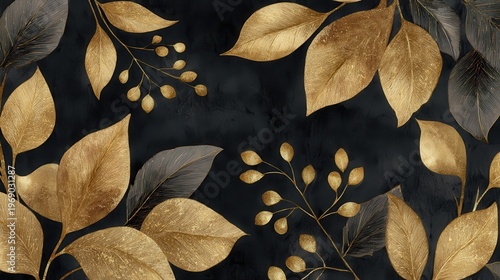 Luxurious Golden Autumn Leaves Glittering on a Textured Black Background with Subtle Sparkles and Elegant Floral Motifs