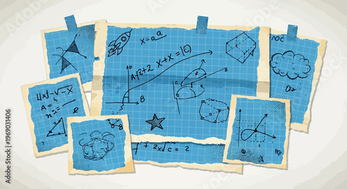 Math Formulas and Graphs on Blue Grid Paper, Education Concept