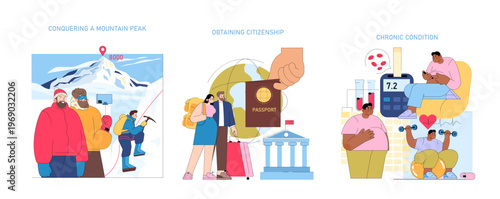 Adventurers Reaching Mountain Peak Vector Illustration