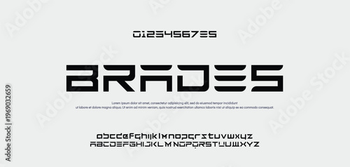 BRADES Abstract scifi modern alphabet fonts. Science fiction typography sport, technology, fashion, digital, future creative logo font. vector illustration