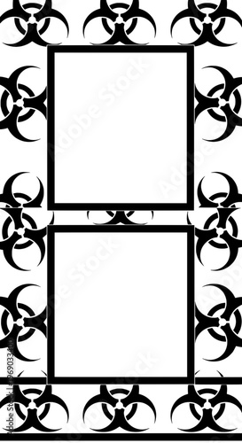 Biohazard symbols surround two empty frames