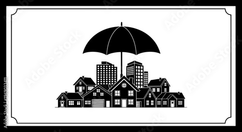 Umbrella protects houses and buildings from rain in the city.