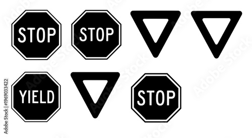 Traffic signs display stop and yield instructions on roads clearly