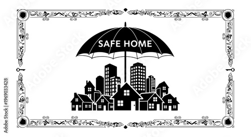 A protective umbrella covers a row of houses and buildings.