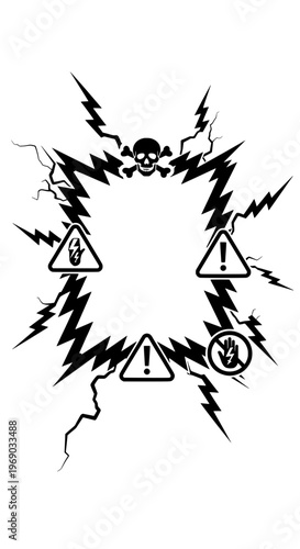 Skull surrounded by warning signs and lightning bolts in air