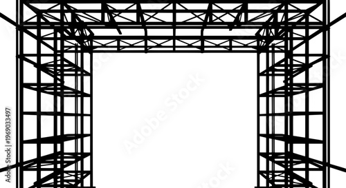 Construction workers build a large metal arch structure on site outdoors