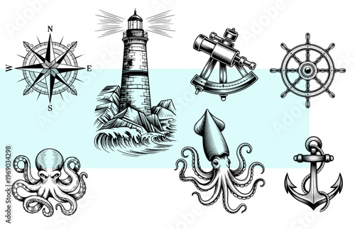 Nautical, maritime, vintage lighthouse, octopus, compass, anchor, ship wheel, squid, sextant, hand drawn engraving, marine adventure, vector illustration icons set