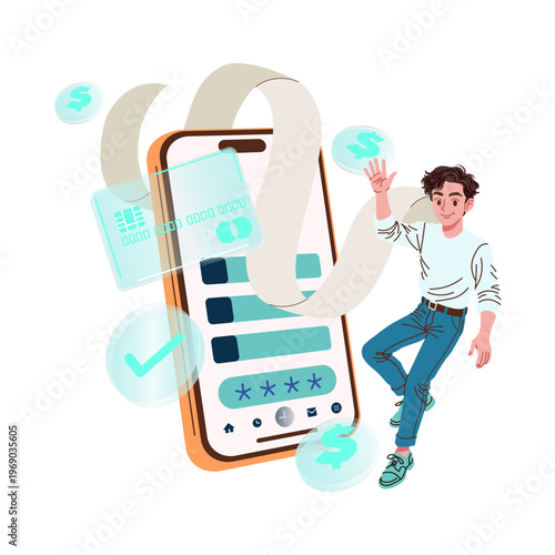 Young Man Using Mobile Payment App Vector Illustration