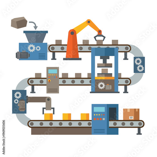 Industrial machine conveyor belt system, flat vector, simple shapes, manufacturing process, isolated on white background