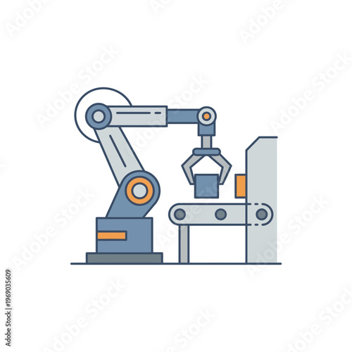Robotic arm in factory automation, flat design, minimal style, clean lines, white background