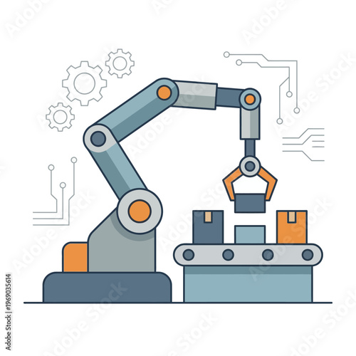 Robotic arm in factory automation, flat design, minimal style, clean lines, white background