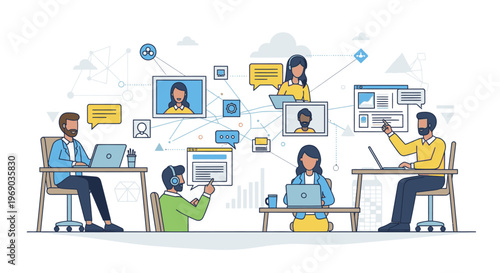 Illustration of a diverse team collaborating remotely with laptops and video calls in a modern office setting with a clean and minimalist background.