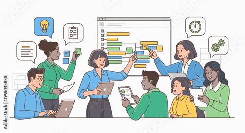 Diverse group of people collaborating on a project with a whiteboard in a meeting room with a professional and productive mood.