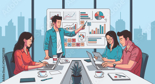 Illustration of a diverse team collaborating around a conference table with laptops and a whiteboard in a modern office setting.