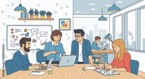 Illustration of a team collaborating in a modern office with laptops and notes on a wooden table with city view.