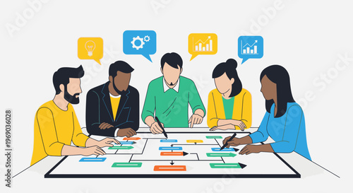 Diverse group of four adults collaborating on a colorful strategy board game with speech bubbles in a plain white background.