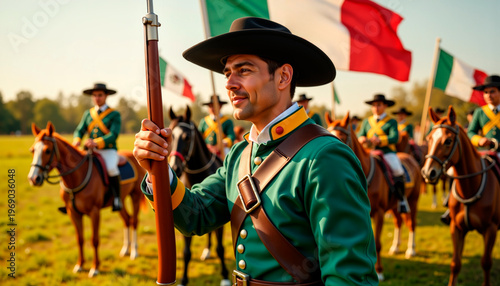 Proud mexican soldier holding flag during Battle of Puebla reenactment, heritage, Cinco de Mayo  