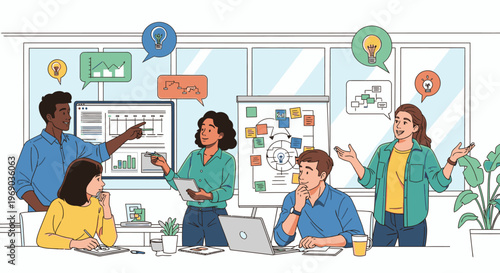 Illustration of a diverse team collaborating and brainstorming in a modern office with laptops and whiteboards, conveying a productive mood.