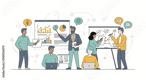 Illustration of a diverse team collaborating with laptops and charts in a modern office setting with a professional and productive mood.