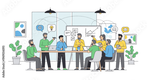 Illustration of a diverse team collaborating around a table with laptops and whiteboards in a modern office setting with a vibrant and productive atmosphere.