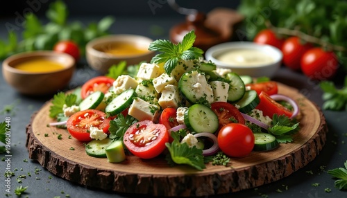 Fresh Greek salad with feta cheese, cucumber, tomatoes, and red onion. Healthy meal preparation on wooden board. Served with dressings, fresh herbs, and mint leaf garnish.