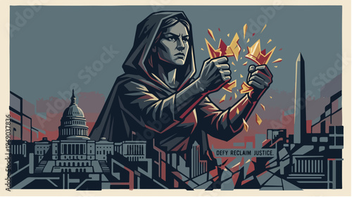 Illustration of a hooded figure holding fire in a cityscape with iconic buildings at sunset, in a graphic, stylized artwork.