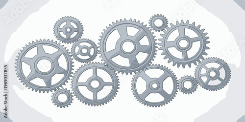 Collection of interlocking metal gear wheels.