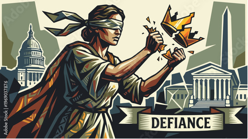 Illustration of a blindfolded woman holding torches in front of government buildings with a banner reading 'DEFIANCE' in a graphic, stylized, and symbolic composition.