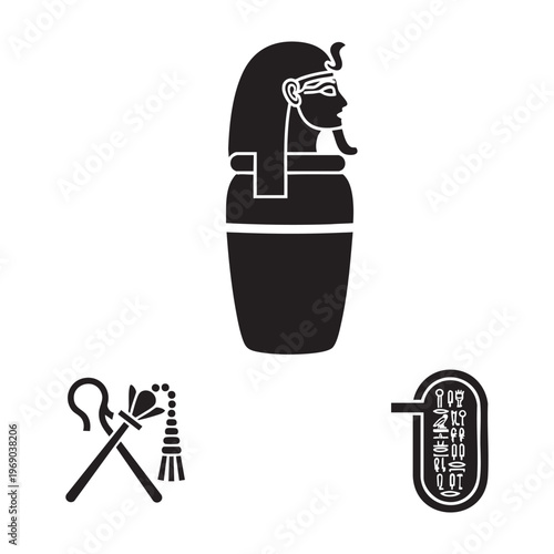 Ancient Egypt Icons Canopic Jar Crook Flail Cartouche Silhouette Vector Set