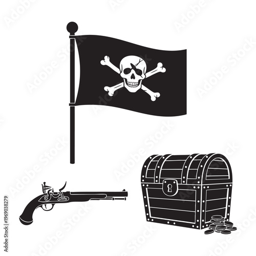 Pirate Icons Jolly Roger Flintlock Pistol Treasure Chest Silhouette Vector