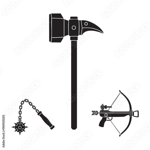 Medieval Weapons Icons War Hammer Morning Star Crossbow Silhouette Vector