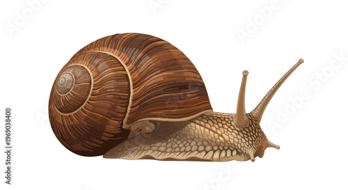 Garden Snail with Shell on White Background