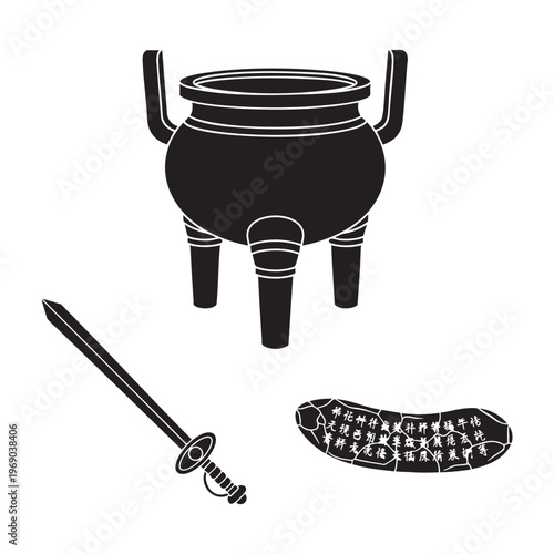 Ancient Chinese Icons Ding Vessel Jian Sword Oracle Bone Silhouette Vector