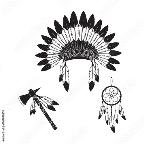 Native American Icons War Bonnet Tomahawk Dreamcatcher Silhouette Vector
