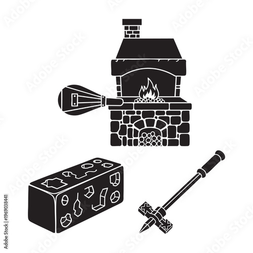 Medieval Blacksmith Shop Icons Forge Swage Block Branding Iron Silhouette Vector