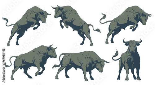 Powerful Bull Collection: Dynamic Poses of Strength and Aggression