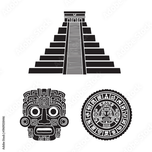 Ancient Mayan Icons Stepped Pyramid Jade Mask Calendar Wheel Silhouette Vector