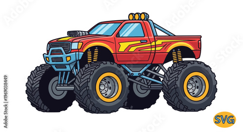 Red Monster Truck with Oversized Tires and Custom Graphics - Vector Illustration