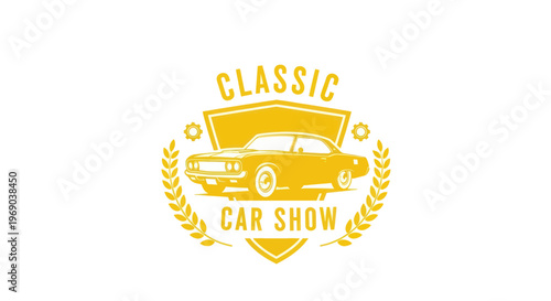 Retro Classic Car Show Emblem with Vintage Automobile and Laurel Wreath