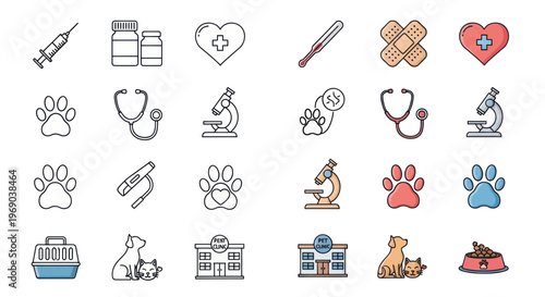 Veterinary Clinic Icons Set: Pet Care, Health, and Medical Symbols