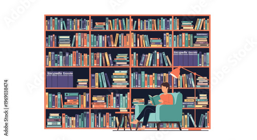 Woman reading book in cozy armchair next to bookshelf, illustration