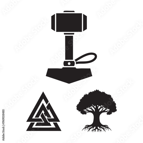 Norse Mythology Icons Mjolnir Valknut Yggdrasil World Tree Silhouette Vector